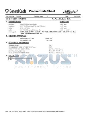 E1482S datasheet - 2C 22 SOLID BC SR-PVC PVC Fire Alarm/Life Safety Cable