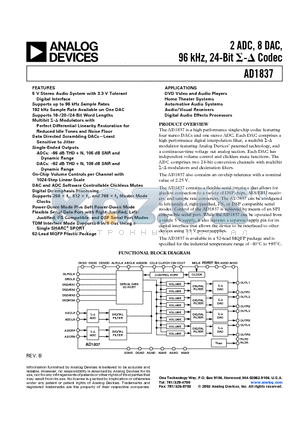 AD1837AS datasheet - 2 ADC, 8 DAC, 96 kHz, 24-Bit Codec