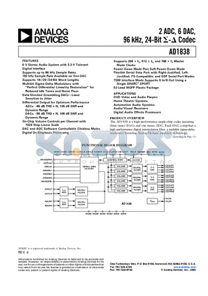 AD1838 datasheet - 2 ADC, 6 DAC,96 kHz, 24-Bit Codec