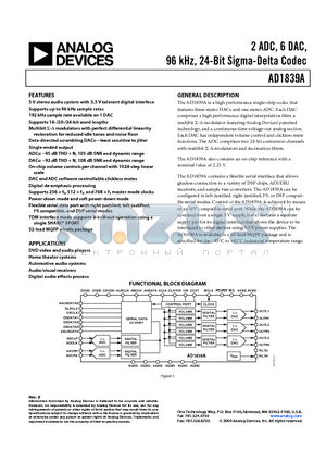 AD1839AAS-REEL datasheet - 2 ADC, 6 DAC, 96 kHz, 24-Bit Sigma-Delta Codec