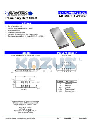 856063 datasheet - 140 MHz SAW Filter