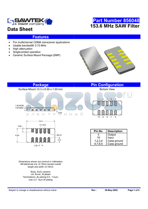 856048 datasheet - 153.6 MHz SAW Filter