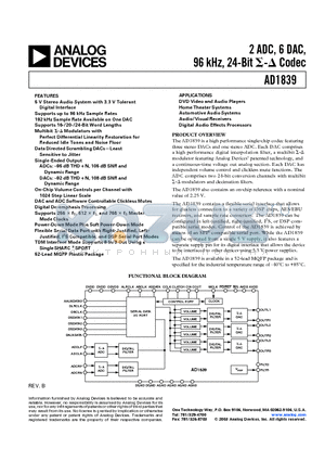 AD1839 datasheet - 2 ADC, 6 DAC, 96 kHz, 24-Bit sigma-delta Codec