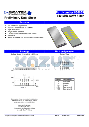 856065 datasheet - 140 MHz SAW Filter