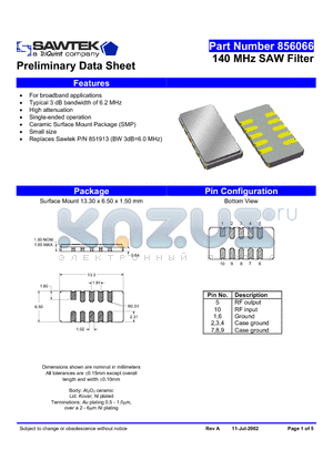 856066 datasheet - 140 MHz SAW Filter