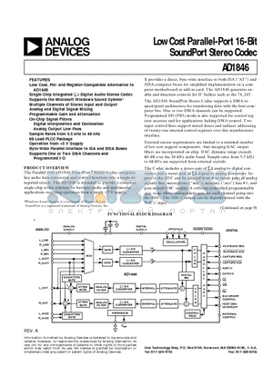 AD1846JP datasheet - Low Cost Parallel-Port 16-Bit SoundPort Stereo Codec