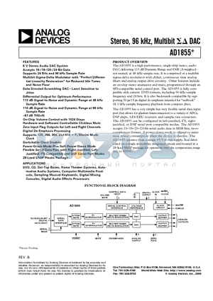 AD1855 datasheet - Stereo, 96 kHz, Multibit DAC