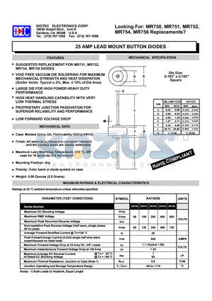 DR751 datasheet - 25 AMP LEAD MOUNT BUTTON DIODES