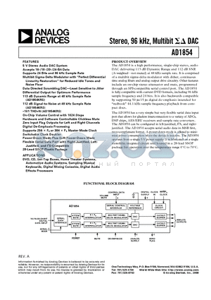 AD1854JRSRL datasheet - Stereo, 96 kHz, Multibit DAC