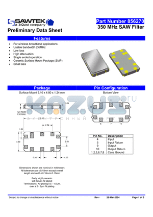 856270 datasheet - 350 MHz SAW Filter