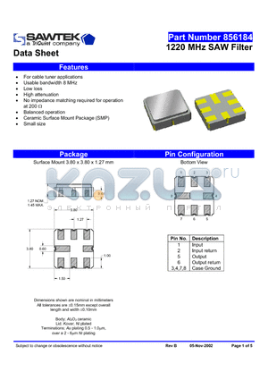 856184 datasheet - 1220 MHz SAW Filter