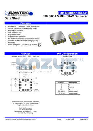 856331 datasheet - 836.5/881.5 MHz SAW Duplexer