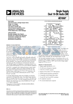 AD1868 datasheet - Single Supply Dual 18-Bit Audio DAC