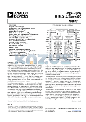 AD1870 datasheet - Single-Supply 16-Bit Stereo ADC