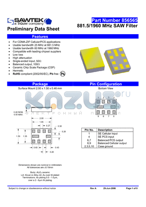 856565 datasheet - 881.5/1960 MHz SAW Filter