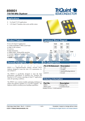 856931-EVB datasheet - 710/740 MHz Duplexer