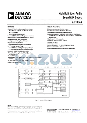 AD1884AJCPZ-RL datasheet - High Definition Audio SoundMAX Codec