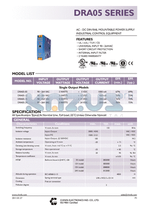 DRA05-15 datasheet - AC - DC DIN RAIL MOUNTABLE POWER SUPPLY INDUSTRIAL CONTROL EQUIPMENT