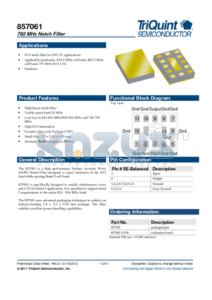 857061-EVB datasheet - 782 MHz Notch Filter