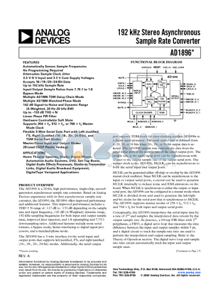 AD1896YRS datasheet - 192 kHz Stereo Asynchronous Sample Rate Converter