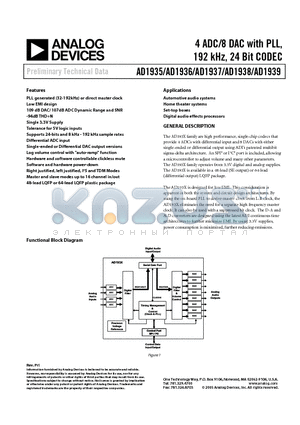 AD1935 datasheet - 4 ADC/8 DAC with PLL, 192 kHz, 24 Bit CODEC