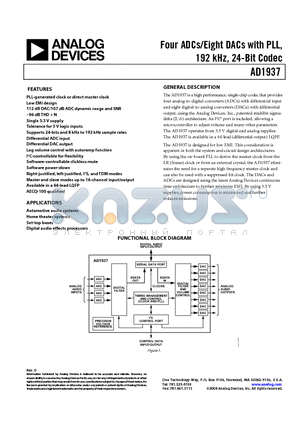 AD1937WBSTZ-RL datasheet - Four ADCs/Eight DACs with PLL, 192 kHz, 24-Bit Codec