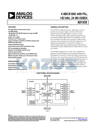 AD1938YSTZ datasheet - 4 ADC/8 DAC with PLL, 192 kHz, 24-Bit CODEC