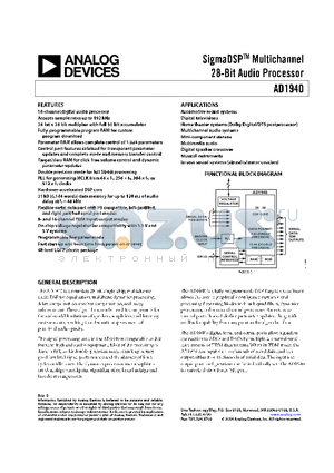 AD1940YSTZ1 datasheet - SigmaDSP-TM Multichannel 28-Bit Audio Processor