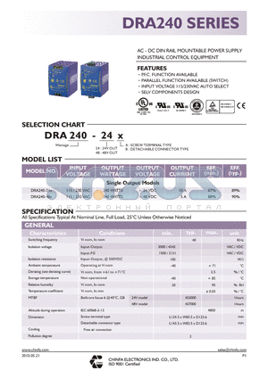 DRA240-48X datasheet - AC - DC DIN RAIL MOUNTABLE POWER SUPPLY INDUSTRIAL CONTROL EQUIPMENT