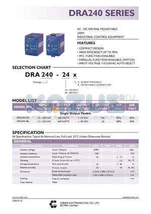 DRA240-24B datasheet - AC - DC DIN RAIL MOUNTABLE 240W INDUSTRIAL CONTROL EQUIPMENT