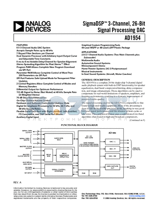 AD1954YST datasheet - SigmaDSP 3-Channel, 26-Bit Signal Processing DAC