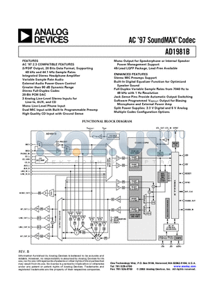 AD1981BJST-REEL datasheet - AC 97 SoundMAX Codec
