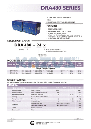 DRA480-48A datasheet - AC - DC DIN RAIL MOUNTABLE 480W INDUSTRIAL CONTROL EQUIPMENT