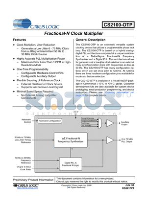 CS2100P-CZZR datasheet - Fractional-N Clock Multiplier