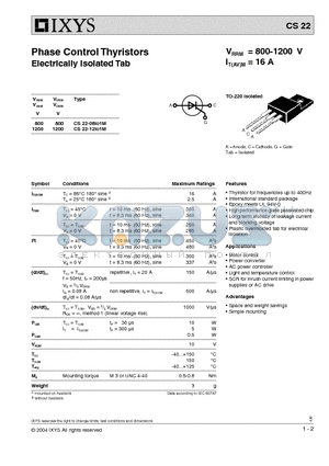 CS22-12IO1M datasheet - Phase Control Thyristors Electrically Isolated Tab