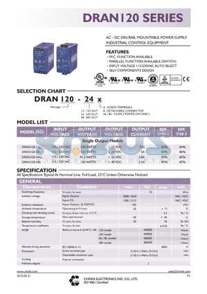 DRAN120-24X datasheet - AC - DC DIN RAIL MOUNTABLE POWER SUPPLY INDUSTRIAL CONTROL EQUIPMENT