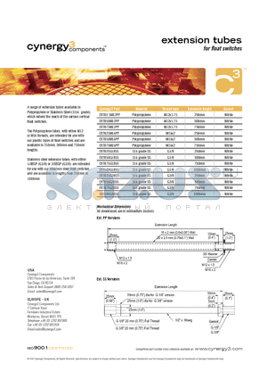 EXT075G18SS datasheet - extension tubes for float switches