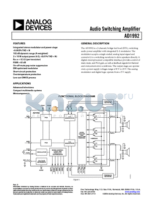 AD1992ACPZRL datasheet - Audio Switching Amplifier