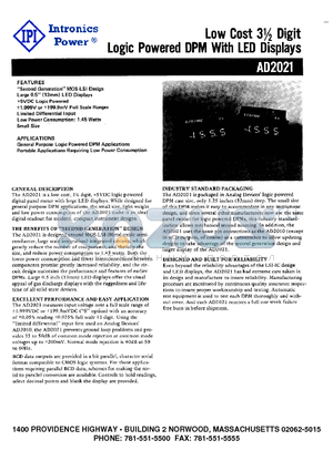 AD2021 datasheet - Low Cost 3 1/2 Digit Logic Powered DPM With LED Displays