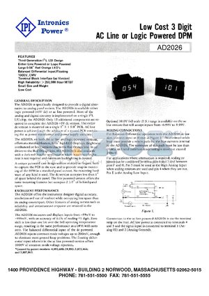 AD2026 datasheet - Low Cost 3 Digit AC Line or Logic Powered DPM