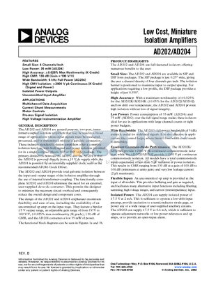 AD202JN datasheet - Low Cost, Miniature Isolation Amplifiers