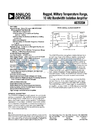 AD203SN datasheet - Rugged, Military Temperature Range, 10 kHz Bandwidth Isolation Amplifier