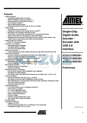 85C51SND3B2 datasheet - Single-Chip Digital Audio Decoder - Encoder with USB 2.0 Interface