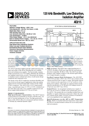 AD215BY datasheet - 120 kHz Bandwidth, Low Distortion, Isolation Amplifier