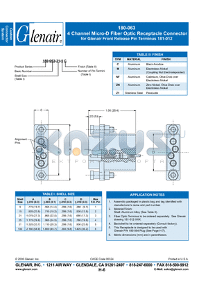 180-063-21-5C datasheet - 4 Channel Micro-D Fiber Optic Receptacle Connector for Glenair Front Release Pin Terminus 181-012