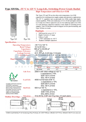 325133U010GS1 datasheet - Long-Life, Switching Power Grade Radial High Temperature and Ultra-Low ESR