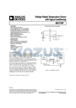 AD22100AT datasheet - Voltage Output Temperature Sensor with Signal Conditioning