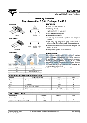 85CNQ015ASL datasheet - Schottky Rectifier New Generation 3 D-61 Package, 2 x 40 A