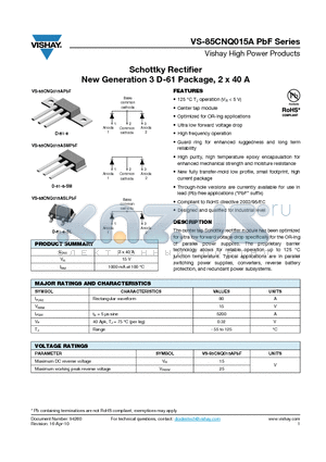 85CNQ015ASMPBF datasheet - Schottky Rectifier New Generation 3 D-61 Package, 2 x 40 A