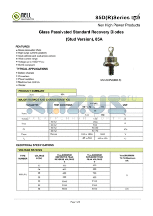 85DR12M datasheet - Glass Passivated Standard Recovery Diodes (Stud Version), 85A